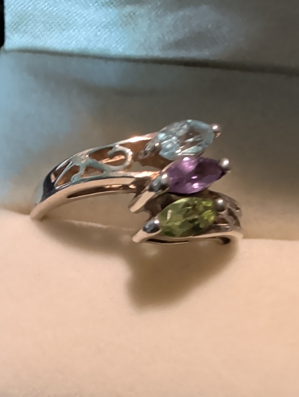 Sterling Silver Triple Gemstone Ring with Blue Topaz, Amethyst & Peridot